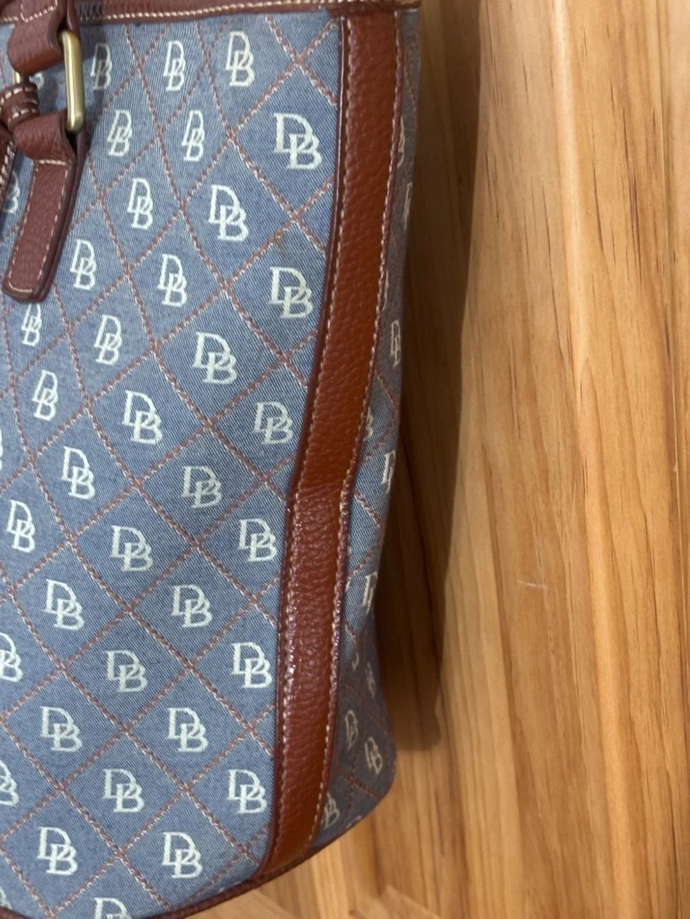 Dooney & Bourke Blue Gray Monogram Canvas Tote Brown Leather Duck Charm USA